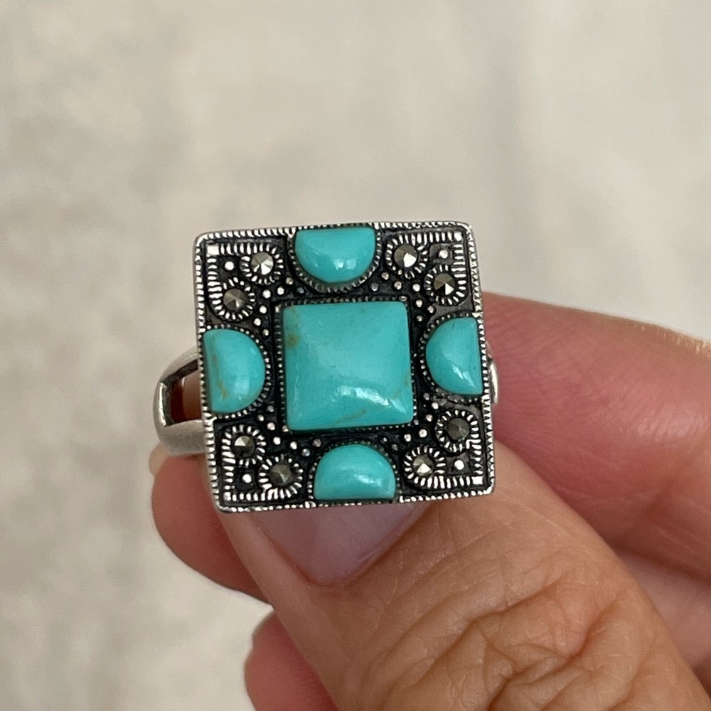 Turquoise marcasite sterling silver ring - Picture 8 of 8